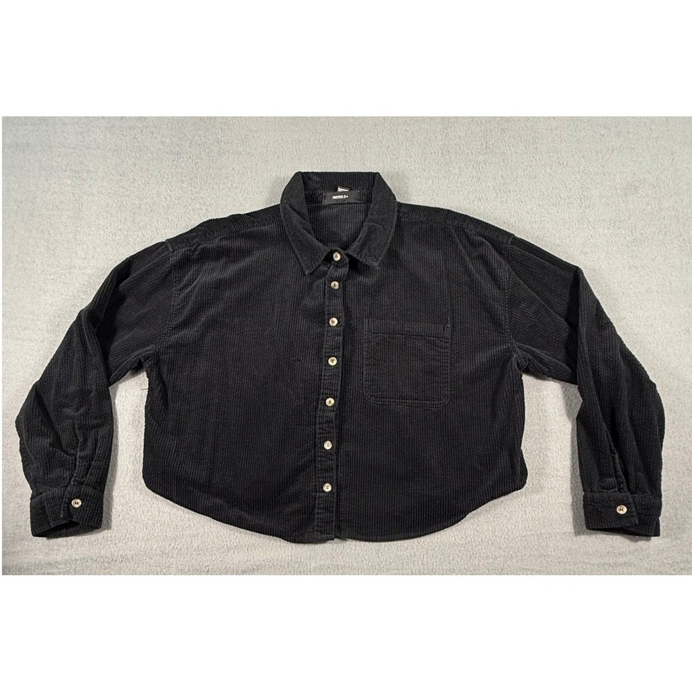 Forever 21‎ Black Corduroy Cropped Button Down Shirt Jacket 2X Minimalist Layer